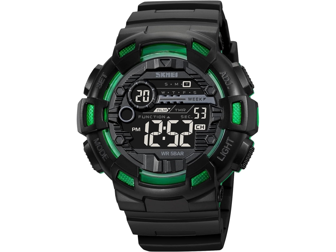 Lurelia Relógio Mecânico Masculino, Automático, Visor Digital, Led, Alarme, Data/calendário, 12/24h, Luminoso, Duplo Fuso/mostrador, Tpu, Preto, Verde
