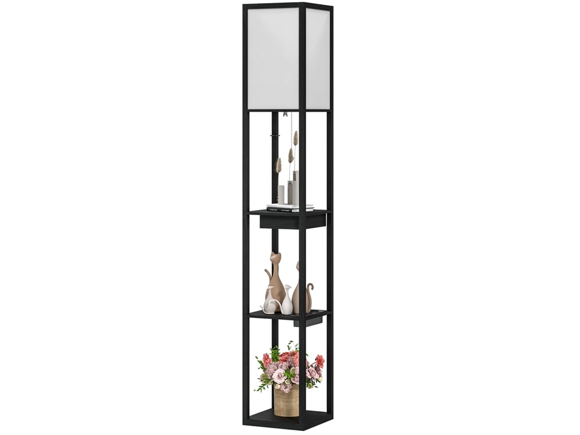 Luminária de Chão com Prateleira de 3 Níveis, Interruptor de Pé, Portas Usb, Mdf, Preto ORBITRA COMMERCE