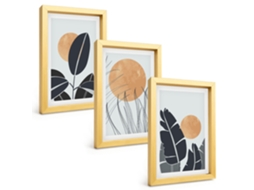 Composição De Quadros Na Paredepadrões De Plantas, Sóis Grandes E Minimalistas Moldura Dourada Pinturas De Quarto Espelharte (3 Peças 20x30 Cm)