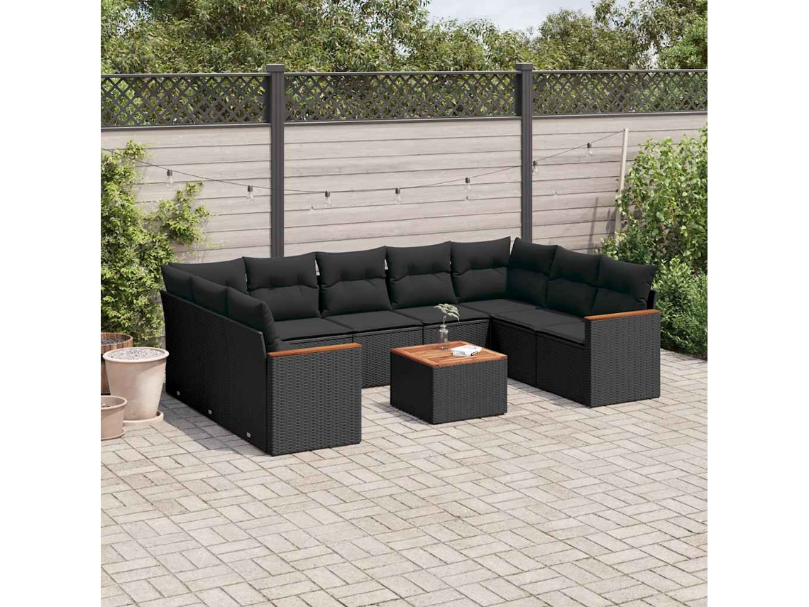 Vidaxl 10 Pcs Conjunto Sofás De Jardim C/ Almofadões Vime Pe Preto