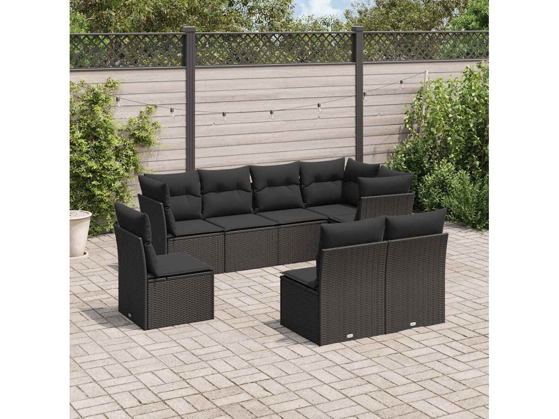 Vidaxl 8 Pcs Conjunto Sofás De Jardim Com Almofadões Vime Pe Preto