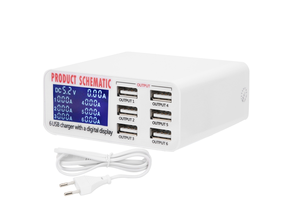 Carregador De Portas Usb Com Carregamento Inteligente Adaptador De Alimentação 40w 100‑240v 50‑60hz Com 6 Portas E Tela De Exibição