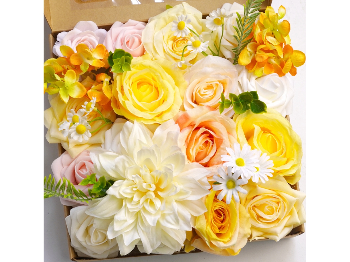 Caixa de Presente com Flores Artificiais e Haste, Amarela, 1 Unidade. AQUAFORGE