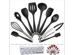 Kit De Spátulas De Silicone Com 10 Peças: Pinças, Batedor, Pincéis, Raspadores, Calesita E Colheres Para Cozinha Preto
