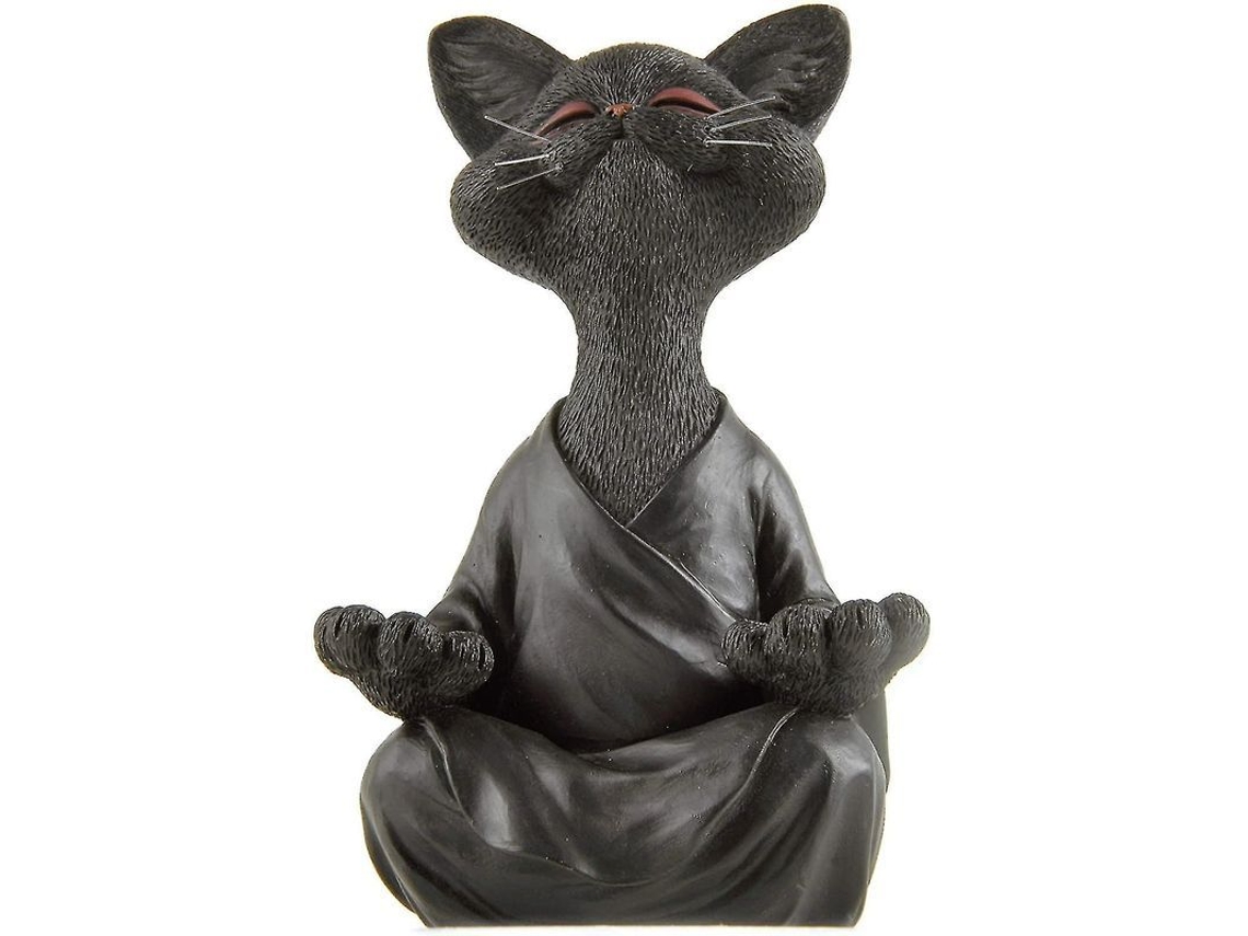 Figura De Gato Feliz Em Pose De Yoga De Meditação - Resina Pintada À Mão Preto