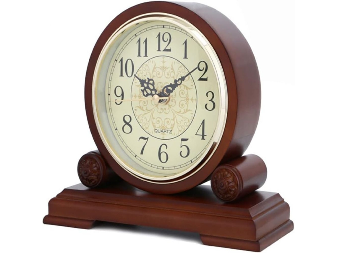 Relógio De Mesa Em Madeira Com Superfície E Números Em Bronze, Silencioso, 23 Cm, Marrom Truyuety