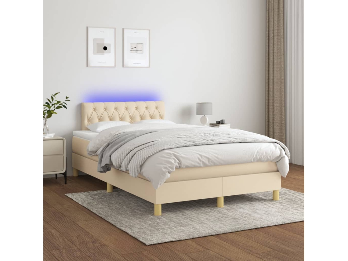 Vidaxl Cama Box Spring C/ Colchão E Led 120x200 Cm Tecido Cor Creme
