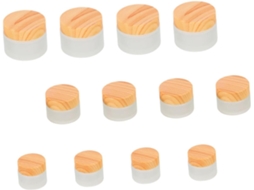 Conjunto De 12 Potes Cosméticos De Vidro Fosco Com Tampas Imitando Madeira.