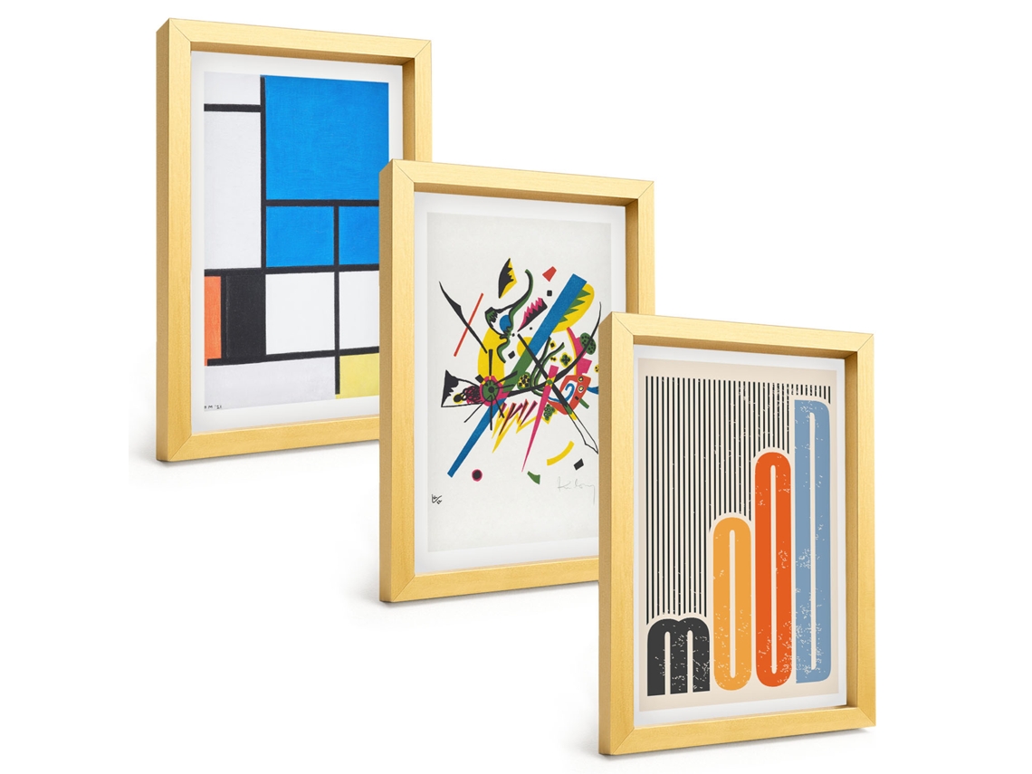 Conjunto De Pinturasgeometrias Abstratas Modernas Moldura Dourada Quadros Para A Sala De Estar Espelharte (3 Peças 20x30 Cm)
