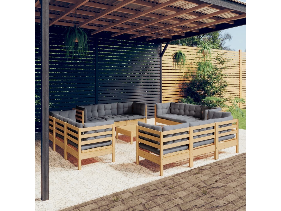 Vidaxl 13 Pcs Conjunto Lounge De Jardim C/ Almofadões Cinzentos Pinho