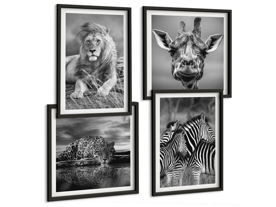 Composição De Quadros Animais Em Preto E Branco Natureza Espelharte (4 Peças)