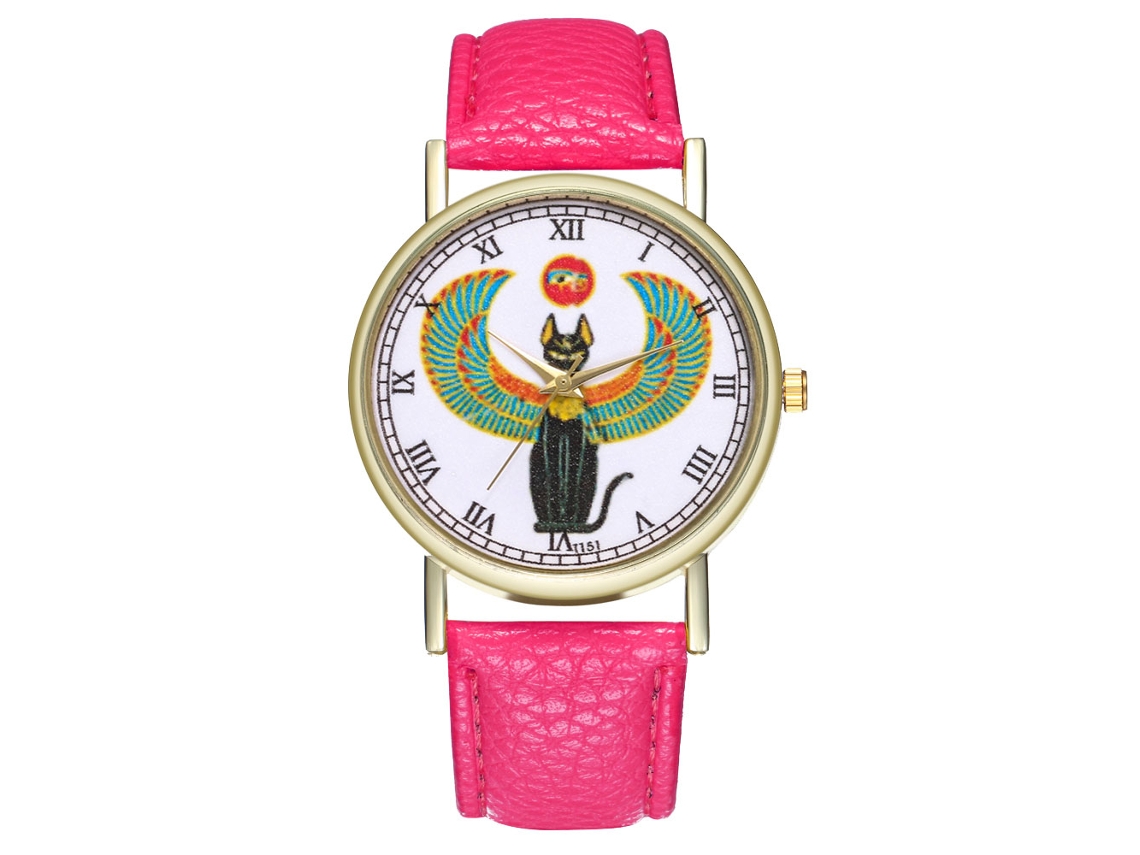 Relógio analógico de quartzo unissex com pulseira de PU de estilo clássico (rosa e vermelho)