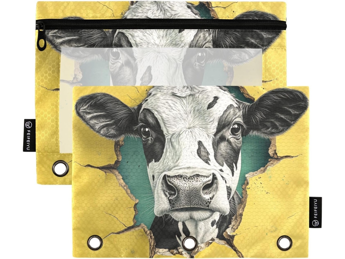 Estojo Divertido Em Formato De Vaca Amarela Com Janela Transparente, Organizador Grande E Resistente, 3 Lápis