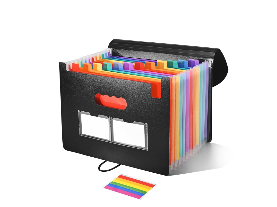 Pasta Expansível com 13 Bolsos, em Formato de Acordeão com Cores do Arco, Íris e Fechamento Seguro com Cordão BRILVIBERA