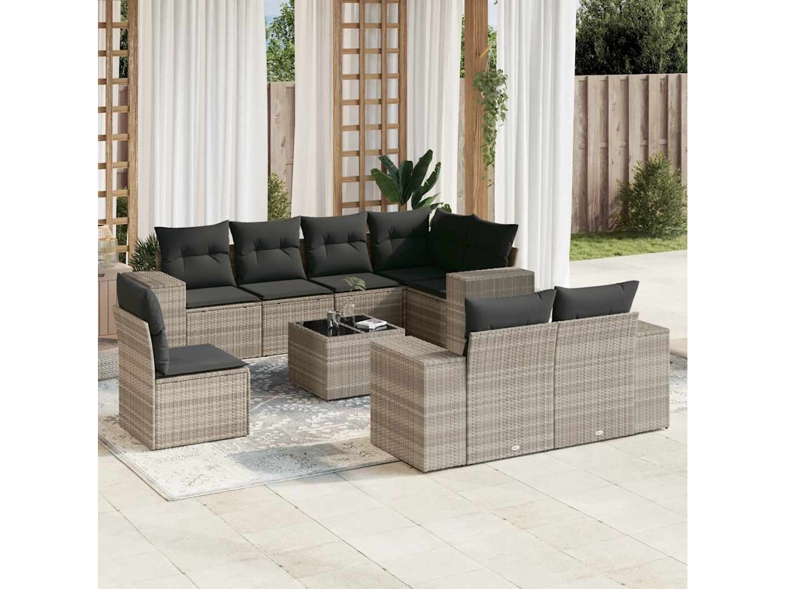 Vidaxl 9 Pcs Conj. Sofás Jardim com Almofadões Vime Pe Cinzento claro