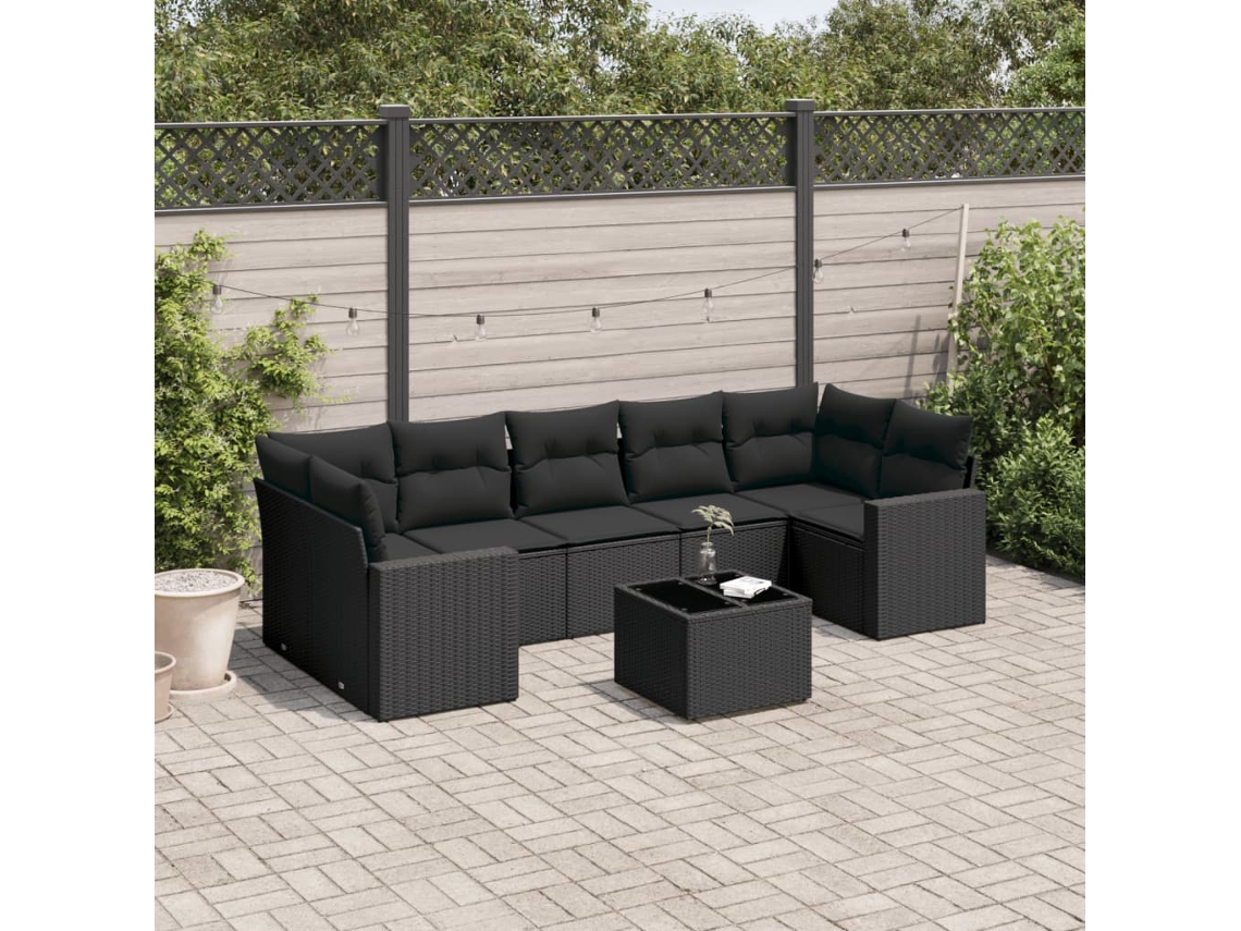 8 Pcs Conjunto Sofás De Jardim Com Almofadões Vime Pe Preto Dkd Home Decor