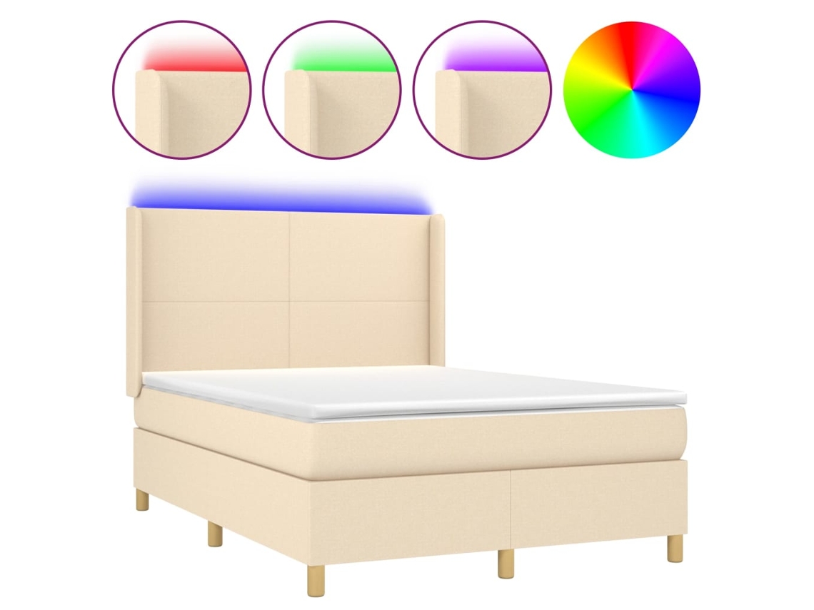 Cama Box Spring com Colchão e Led 140x200 cm Tecido Cor Creme MAISON EXCLUSIVE
