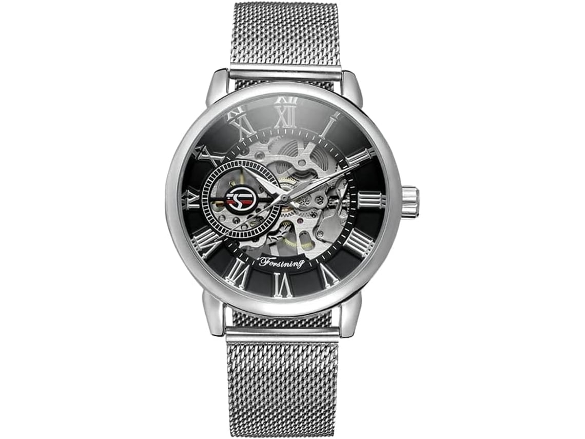 Relógio Automático Transparente Dial Hollow Skeleton Silver Tone Mesh Banda Watch-Exército Verde