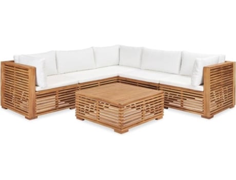 6 pcs conjunto lounge jardim c/ almofadões madeira teca maciça