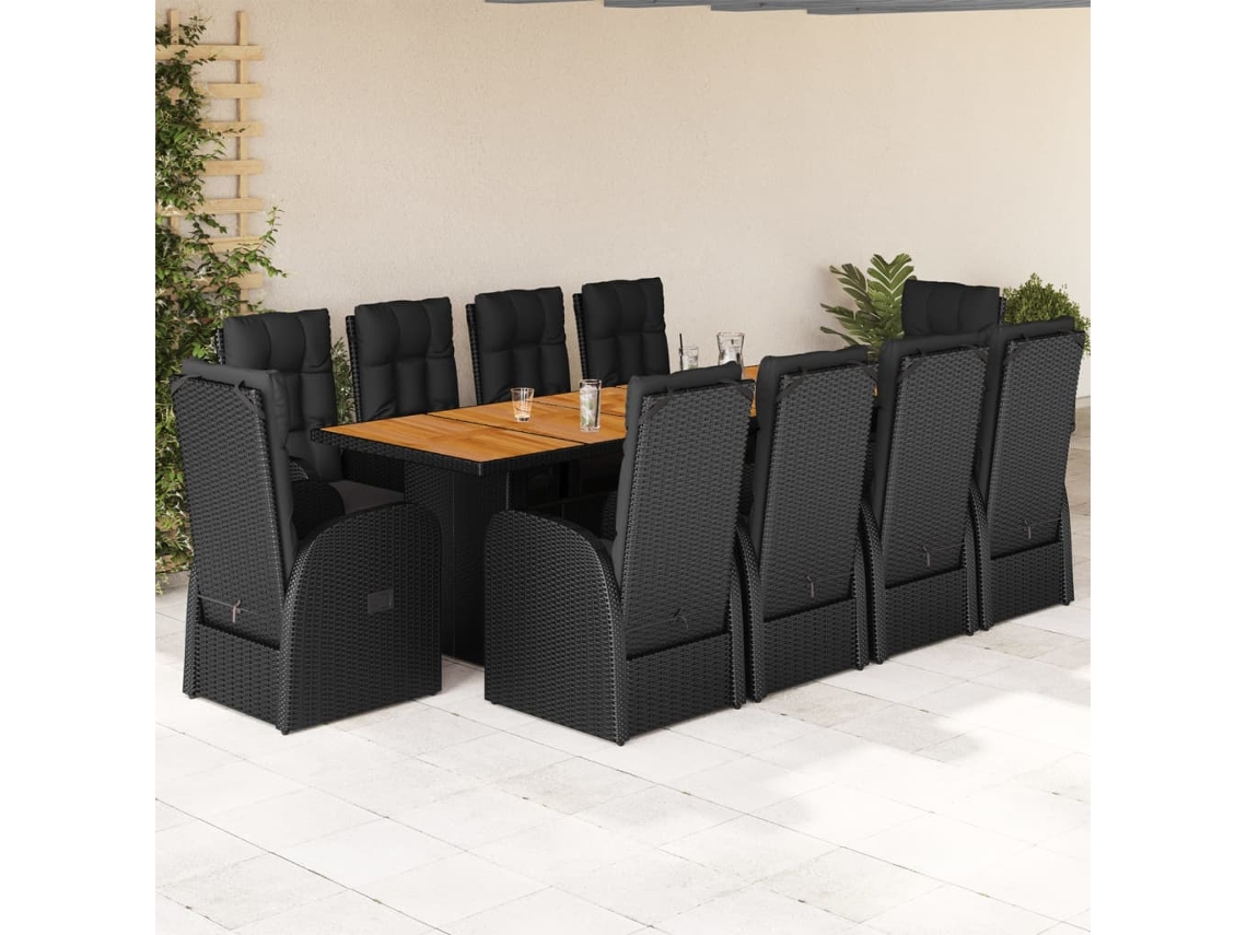 11 Pcs Conjunto De Jantar P/ Jardim C/ Almofadões Vime Pe Preto Dkd Home Decor