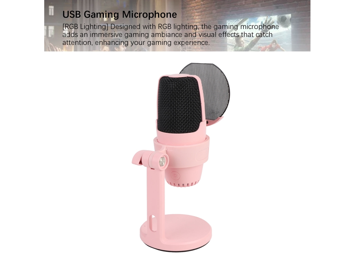 Microfone Condensador Usb Com Luz Rgb Cardióide Para Gravação Estúdio Gaming Streamming Rosa