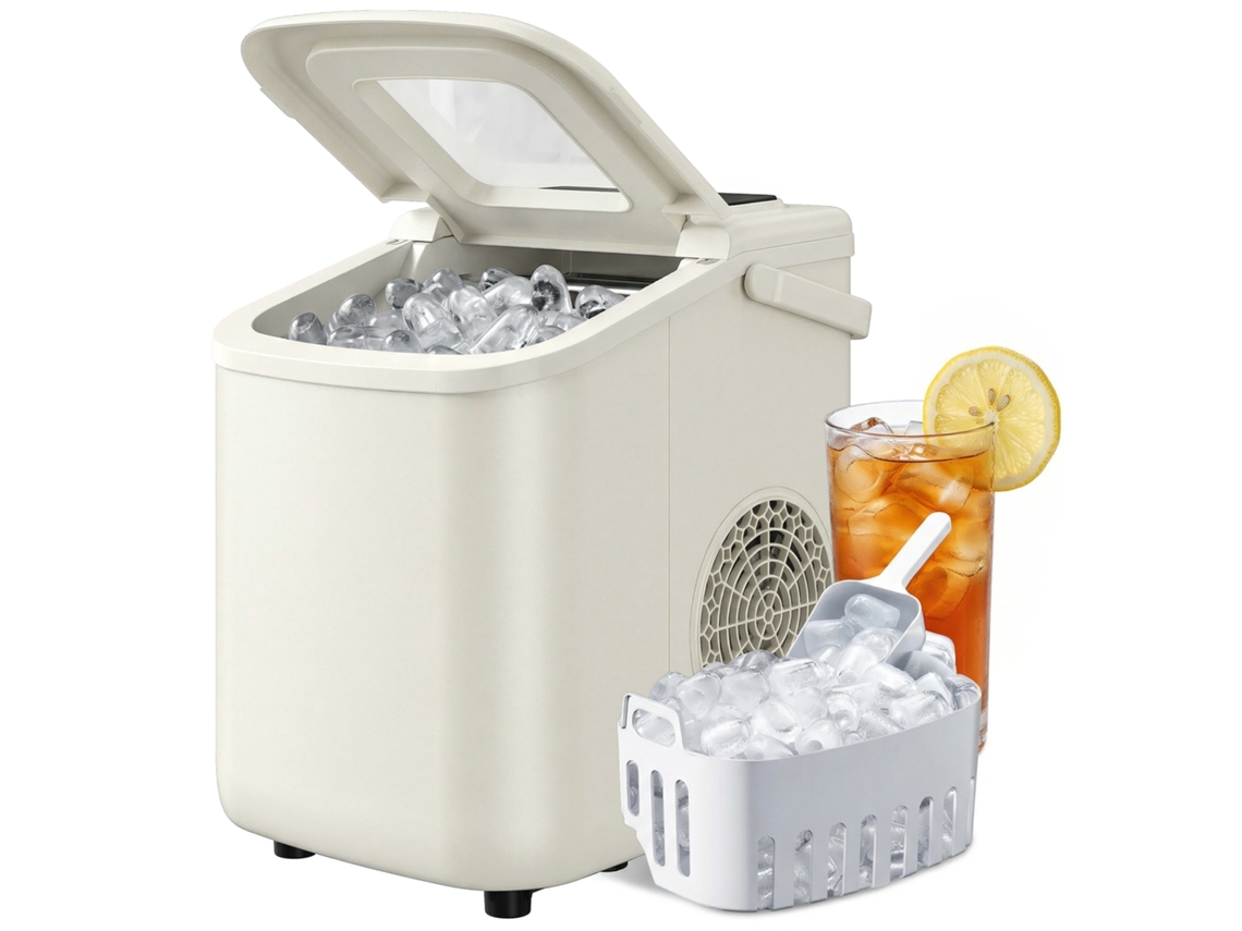 Máquina De Gelo Autolimpante 12 Kg/24h 9 Cubos Prontos Em 7 Minutos, 2 Tamanhos De Gelo, Depósito 1,2l Bege