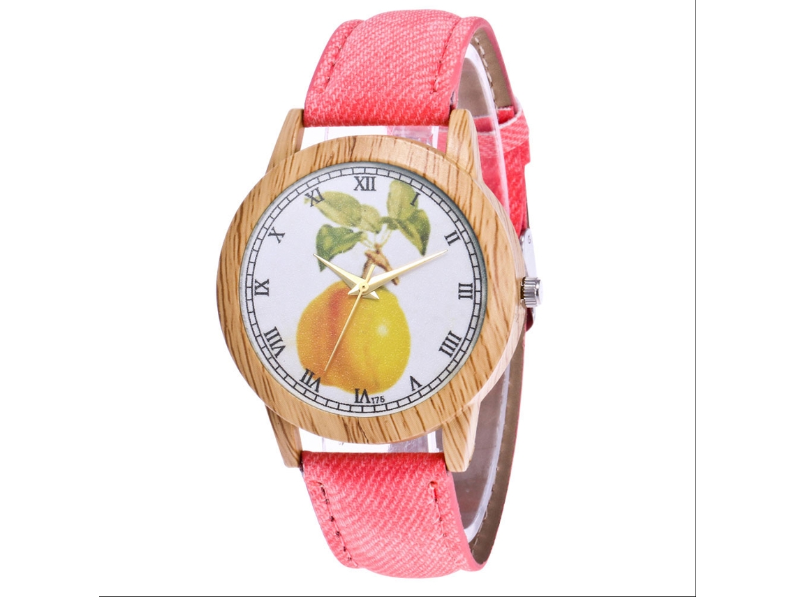 Relógio casual de quartzo com pulseira de jeans e estampa moderna de frutas (rosa)