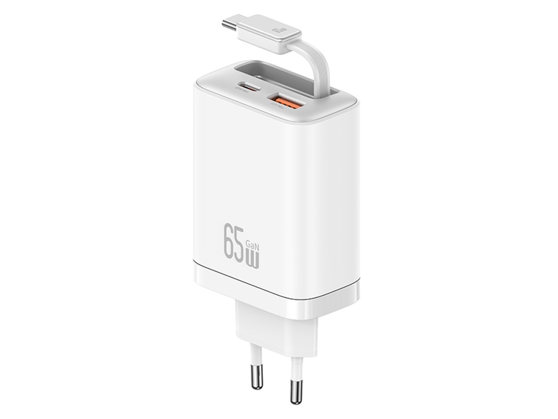 Cargador Rápido Usams Cc299 Con Enchufe Europeo de 65 W, Adaptador de Corriente Usb c + Usb a Con Cable Retráctil Usb c Blanco