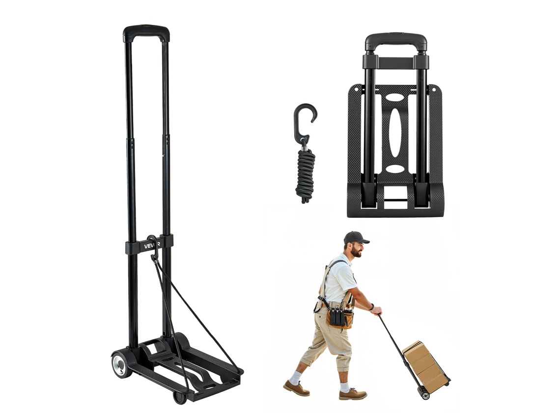 Carrinho de mão dobrável Vevor com 2 rodas, 1 corda, capacidade de carga: 49,9 kg, preto
