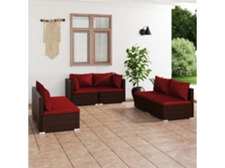 Vidaxl 6 Pcs Conjunto Lounge Jardim C/ Almofadões Vime Pe Castanho