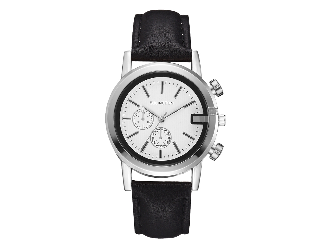 Relógio de quartzo unissex com pulseira de couro PU, mostrador redondo moderno, três fusos horários (branco grande)