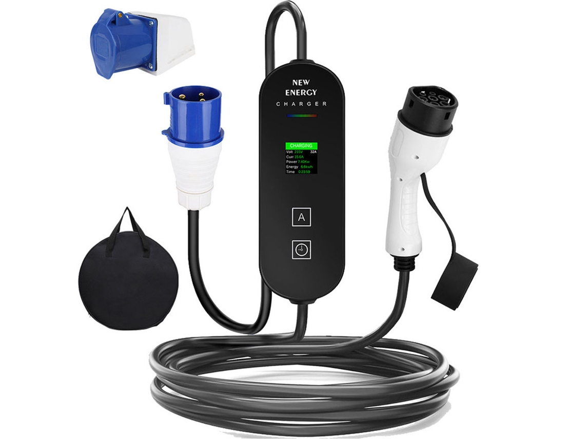 Carregador Portátil Carro Elétrico Tipo 2, 7kw 32a Monofásico Ajustável, Ip65 Iec 62196 2 Ficha Cee 32a, Cabo 10m SZSMART