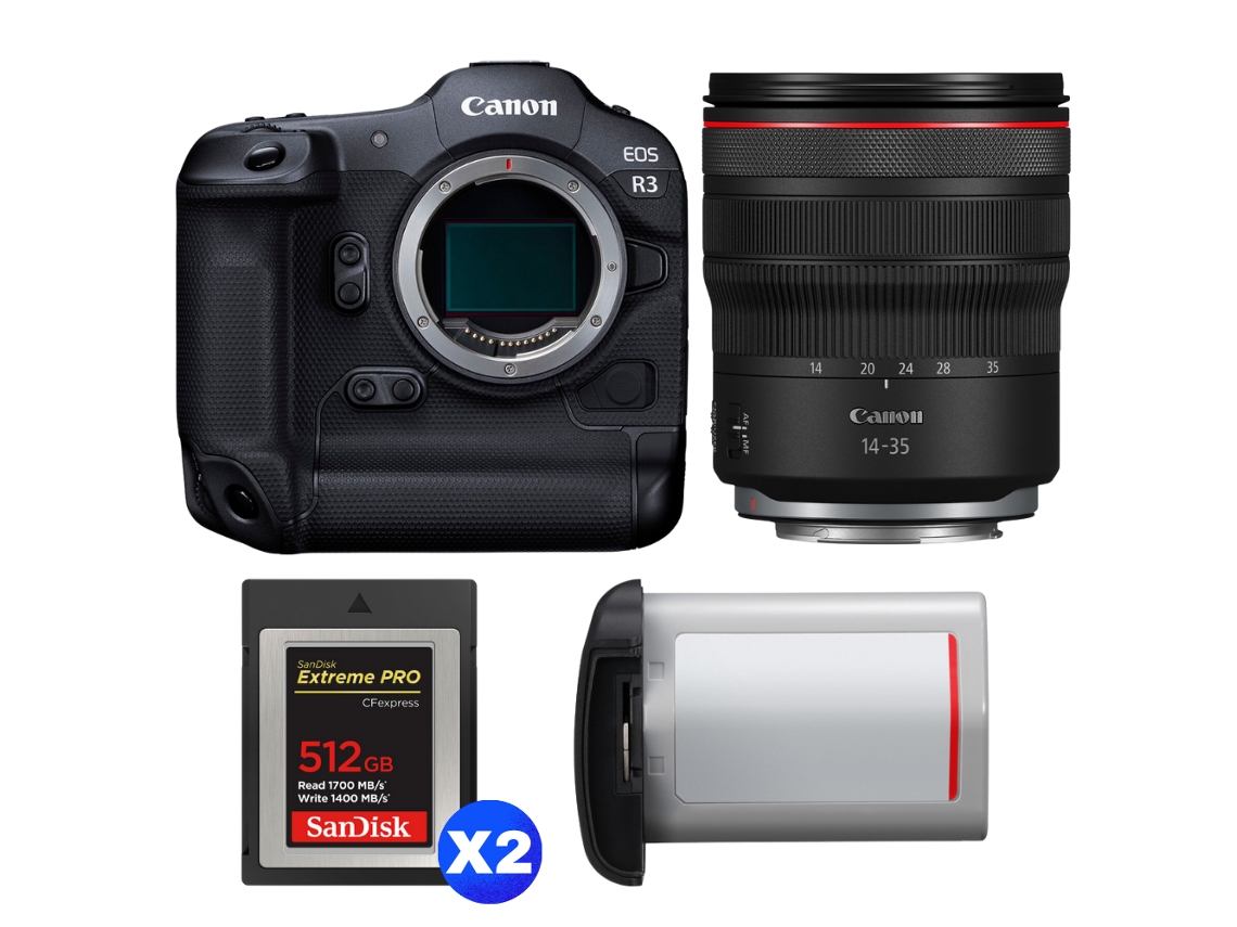 Eos R3 + Rf 14 35mm F/4 L Is Usm + 2 Sandisk 512gb Extreme Pro Cfexpress Type B + Canon Lp e19 + Ebook “20 Dicas para Fotos Que Impressionam” CANON