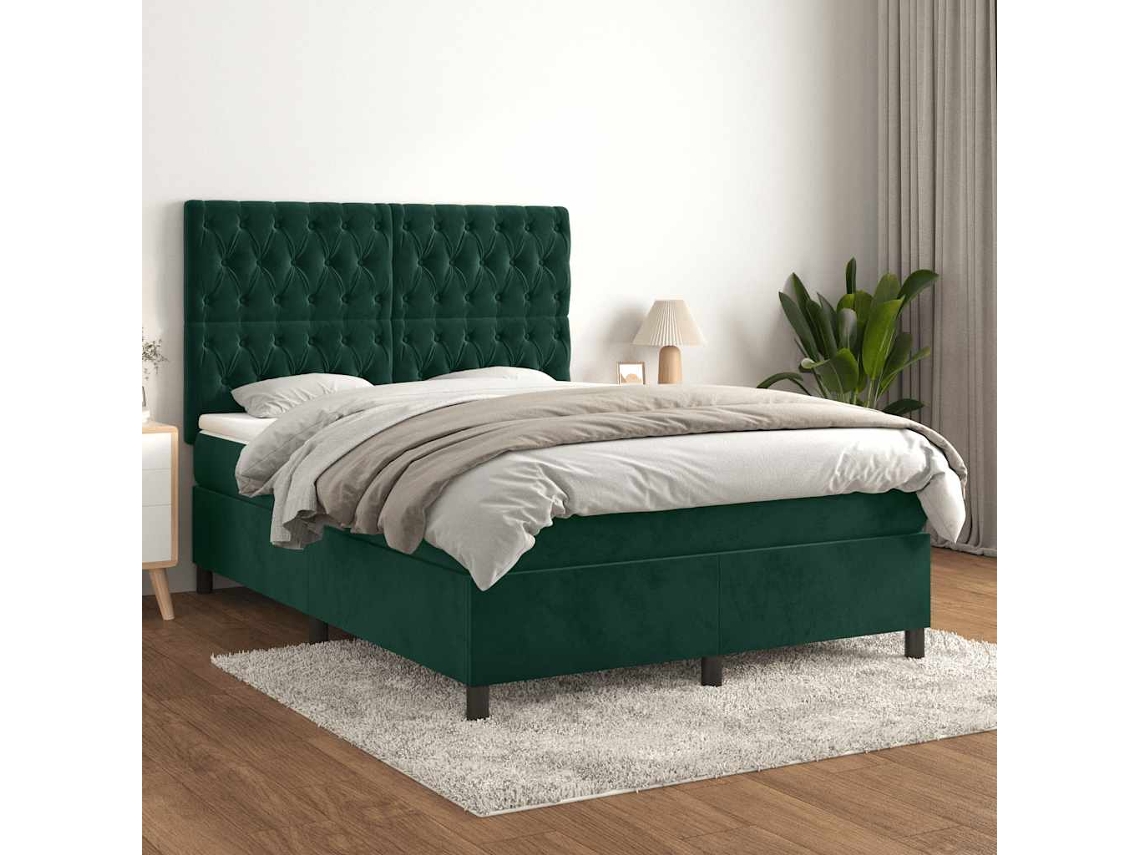 Vidaxl Cama Com Molas/colchão 140x190 Cm Veludo Verde-escuro