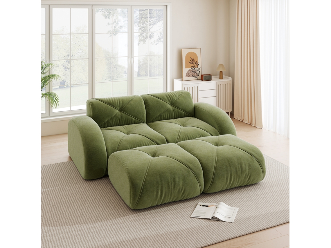 Sofá Modular 2 Lugares Verde Sem Estrutura Com 2 Puffs E Design Antiderrapante