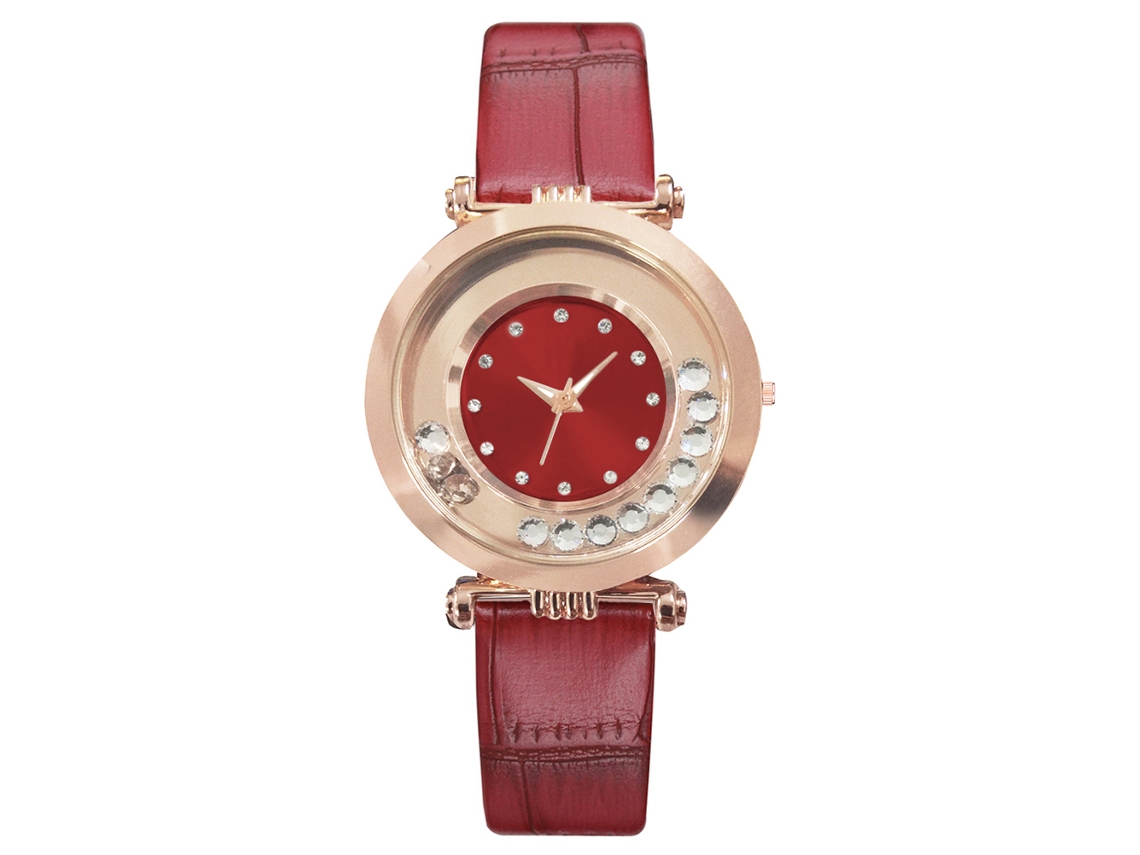 Relógio de Pulso Feminino Vansvar de Quartzo com Pulseira de Couro Pu Strass Areia Fluida Vermelho