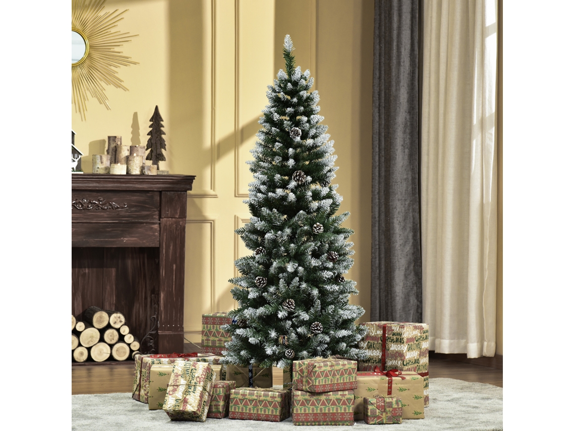 Árvore de Natal coberta de neve de 150 cm com 464 galhos e 28 pinhas, em plástico e metal, nas cores verde e branca.