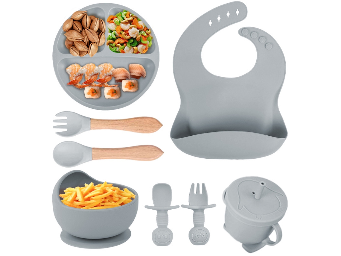 Conjunto de Alimentação para Bebê em Silicone, 8 Peças, Incluindo Ventosa, Tigela, Babador, Colher, Garfo e Copo com Canudo Cinza PANOONA