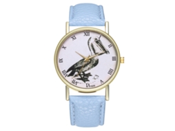 Relógio feminino Zhoulianfa de quartzo com pulseira de couro PU, mostrador redondo e estampa de pássaros em azul claro.