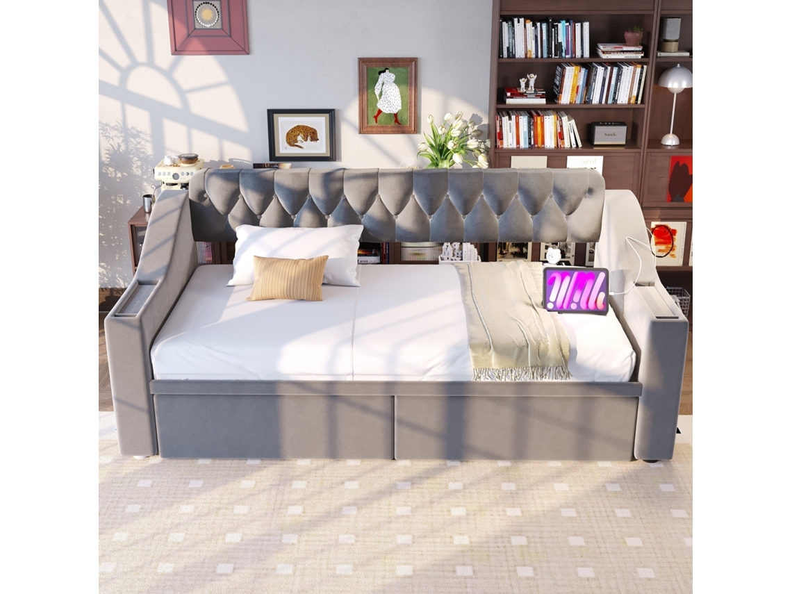 Sofá cama 90x190cm Veludo conversível com apoios largos e Usb, 2 gavetas, 120kg, sem colchão Cinza Claro KOMHTOM