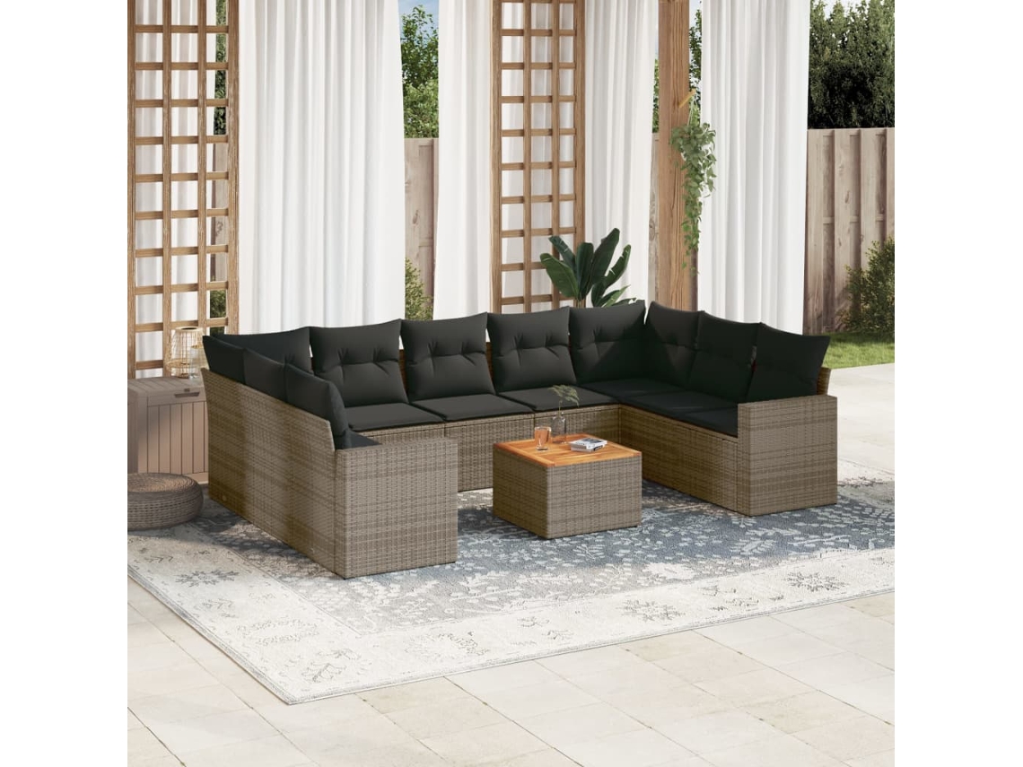 Vidaxl 10 Pcs Conjunto Sofás De Jardim C/ Almofadões Vime Pe Cinzento