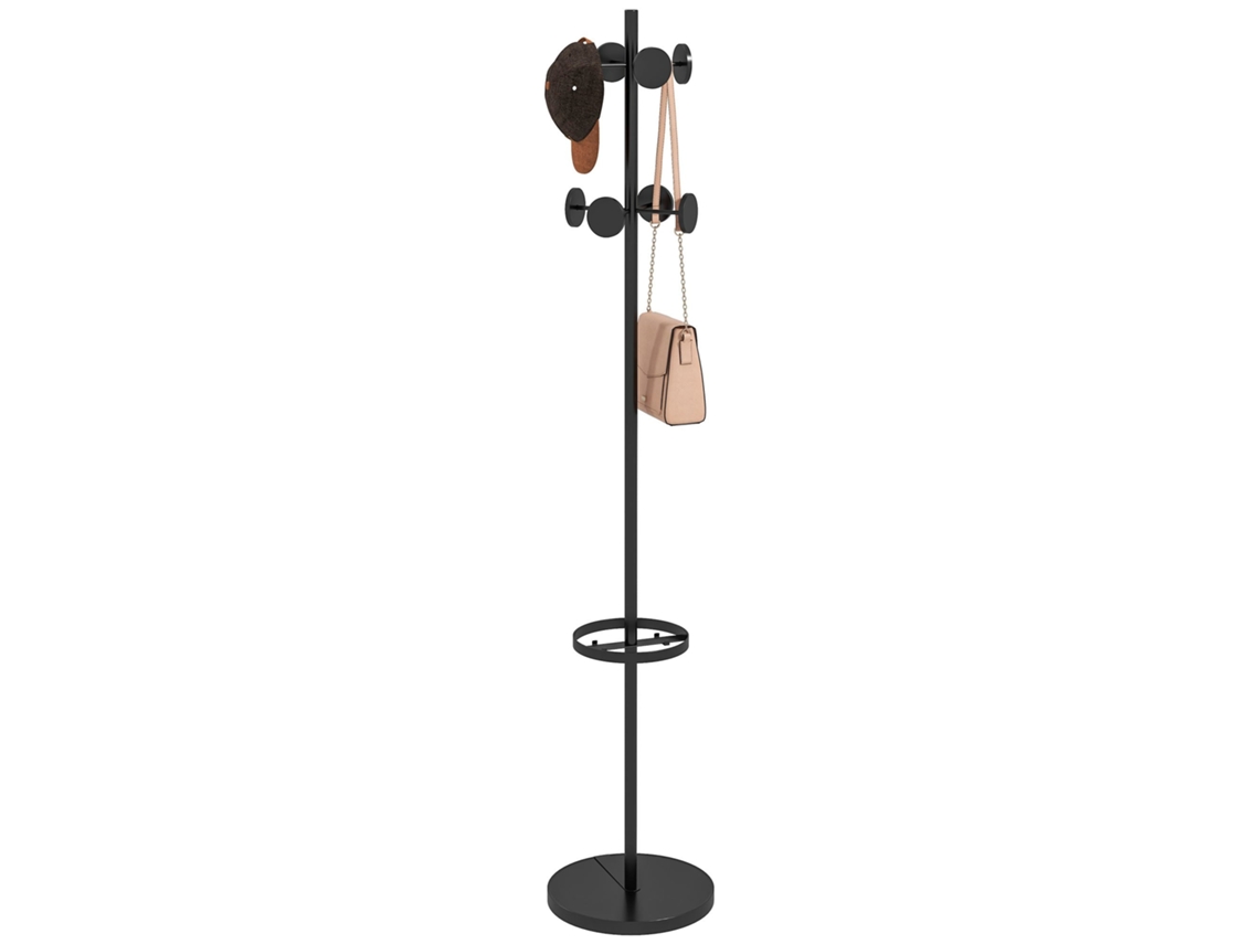 Suporte de chão para roupas com porta guarda-chuvas e 8 ganchos disco de metal ø34 x 177cm preto BTFORUS