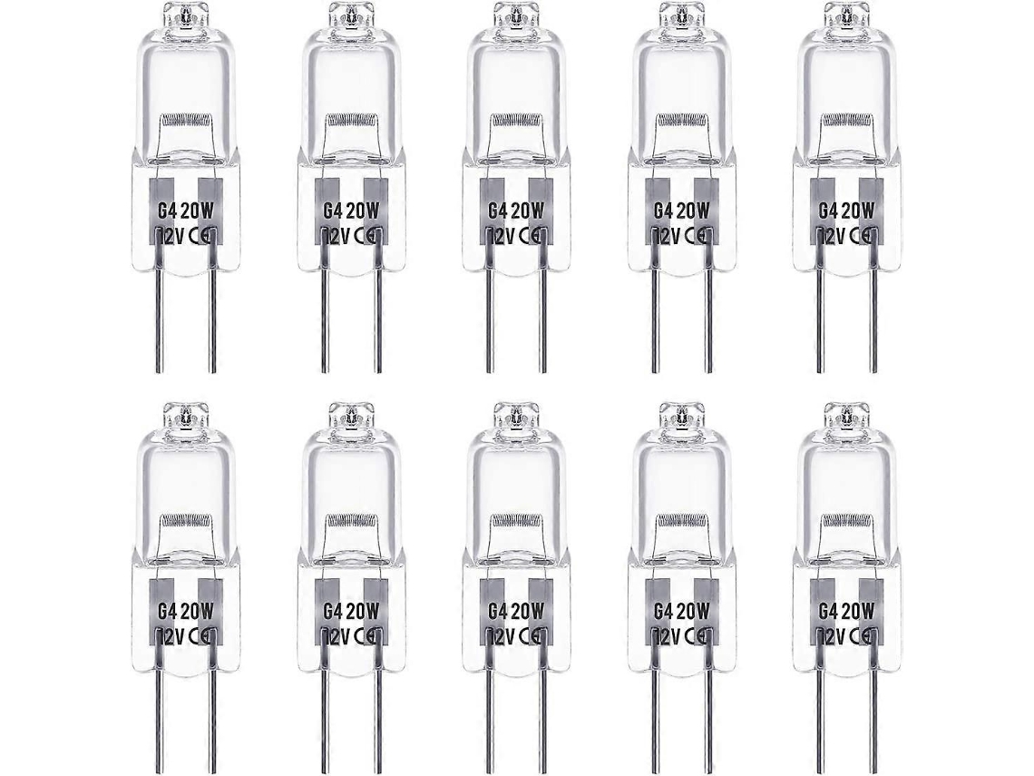 Lâmpadas halógenas Rebe G4, 12V 20W, Branco Quente 3000K, 350lm, Reguladas, Baixa Voltagem, Cápsula Transparente, Pacote com 10