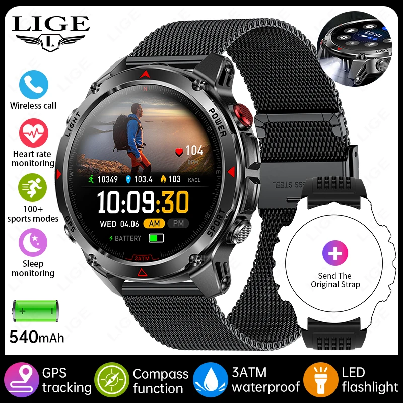 Gps Smartwatch MDUG com tela Amoled de 1,46 polegadas, lanterna, bússola, altímetro, Bluetooth, à prova d'água