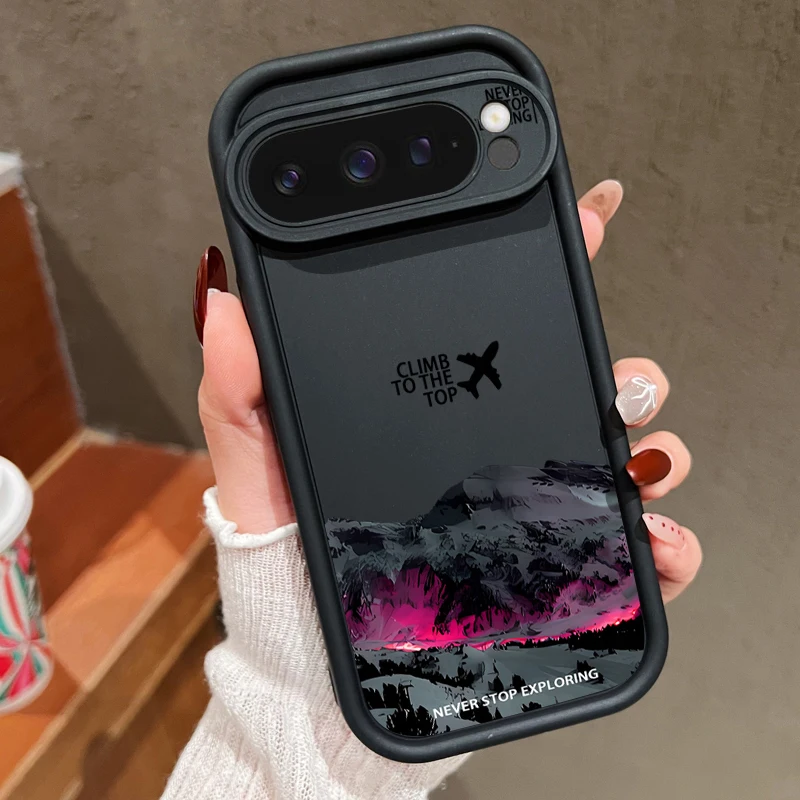 Capa Para Celular Google Pixel 9 (preta) Com Estampa De Avião E Montanha Nevada, Em Tpu Resistente A Impactos.