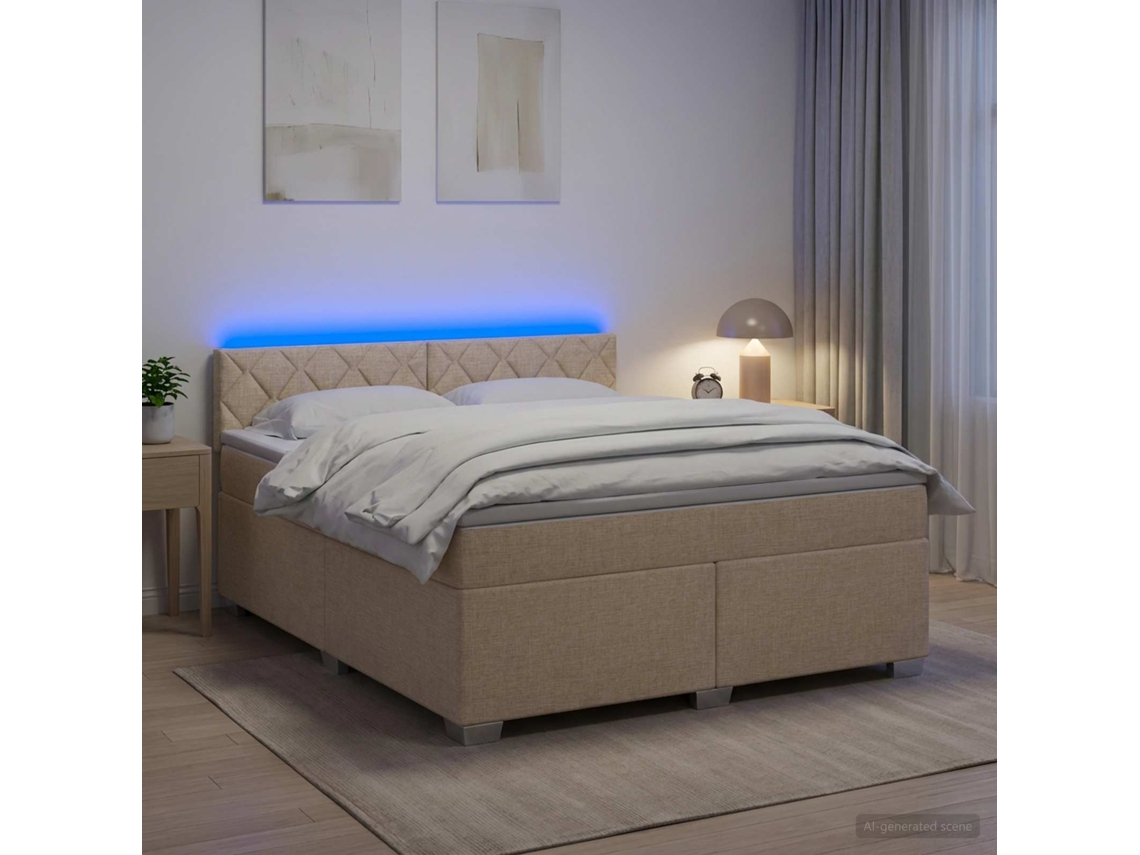 Vidaxl Cama Box Spring Com Colchão E Led Creme 160 X 200 Cm Tecido