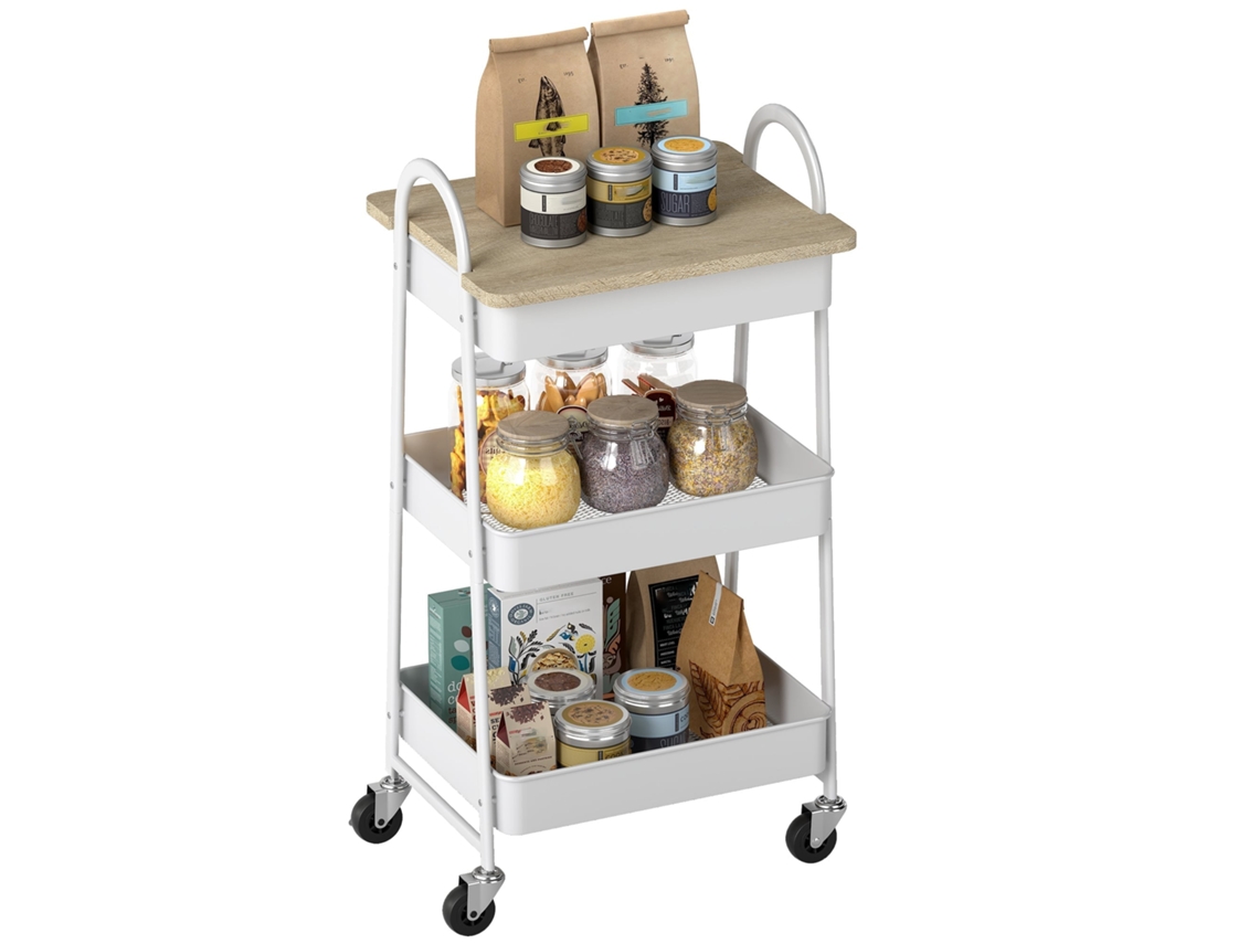 Carrinho de Cozinha, Carrinho de Servir com 3 Níveis, Prateleira Superior, Cestos, Alças, 45 X 32 X 77,5 Cm, Carvalho LAMAISON