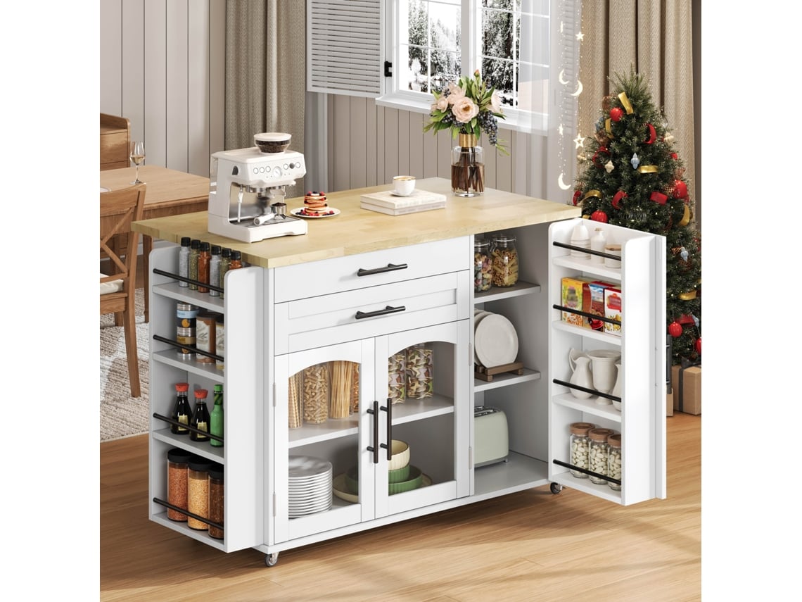 Ilha Central Com Gavetas E Rodas Em Mdf Natural E Branco