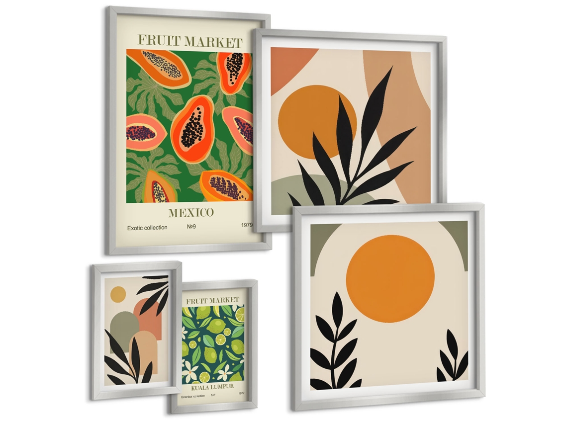 Galeria De Pinturas Murais Flores, Azeitonas Em Vasos, Fundo Moldura Prateada Fotos Para O Escritório Espelharte (conjunto De 5 Imagens)