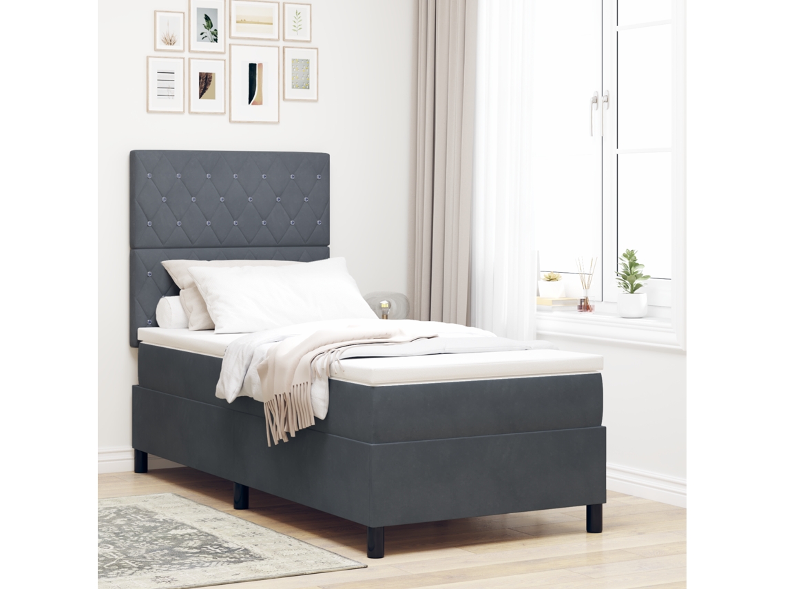 Cama Box Spring Com Colchão Cinza Escuro 100x200 Cm Veludo